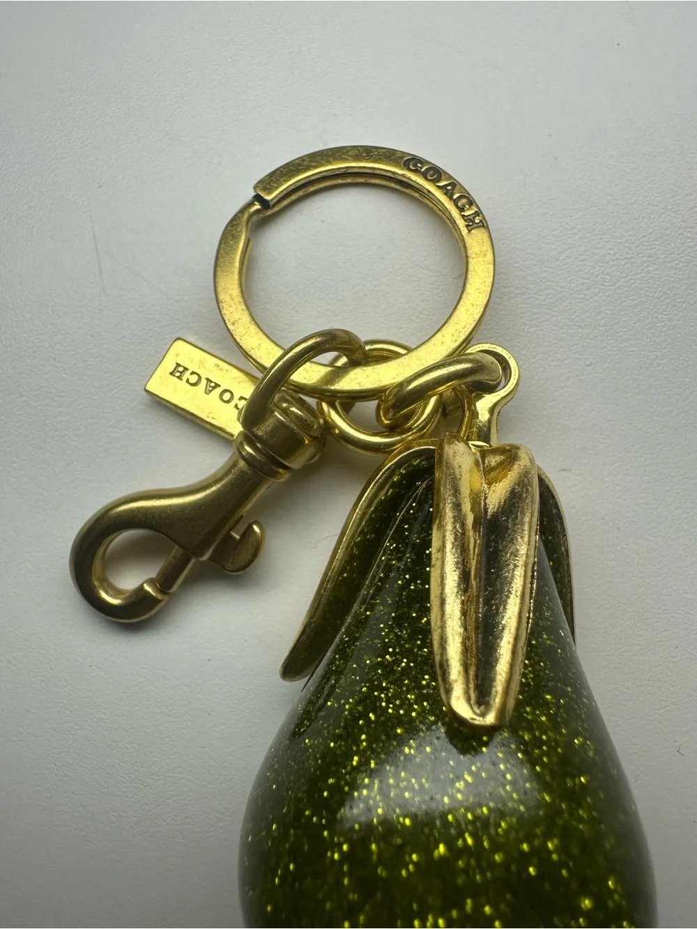 Coach Pear Bag Charm CAX73 Brass Green Glitter Resin Keychain Key Ring